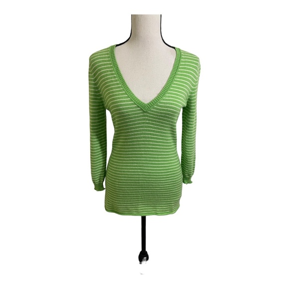 J crew womens V-neck striped cashmere sweater size Small green and white. - Picture 3 of 10